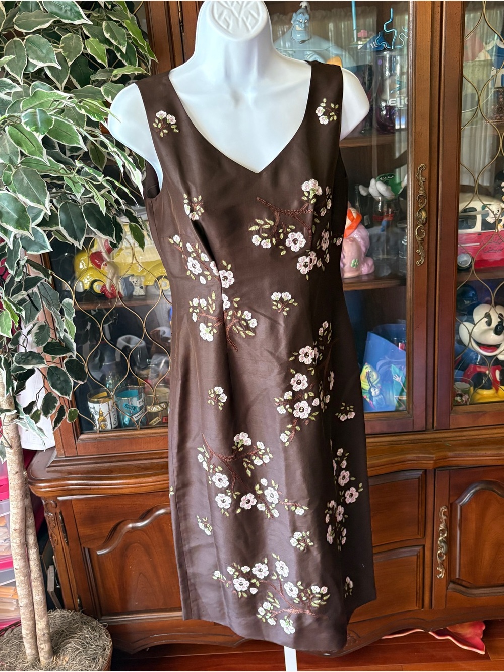 Y2K INC Brown Silk Embroidered Cherry Blossom Sakura Dress Whimsigoth Fairycore